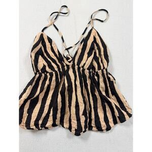 Fabrik Striped Black Tan Sleeveless V Neck Tank Tie Waist Boho Summer Medium